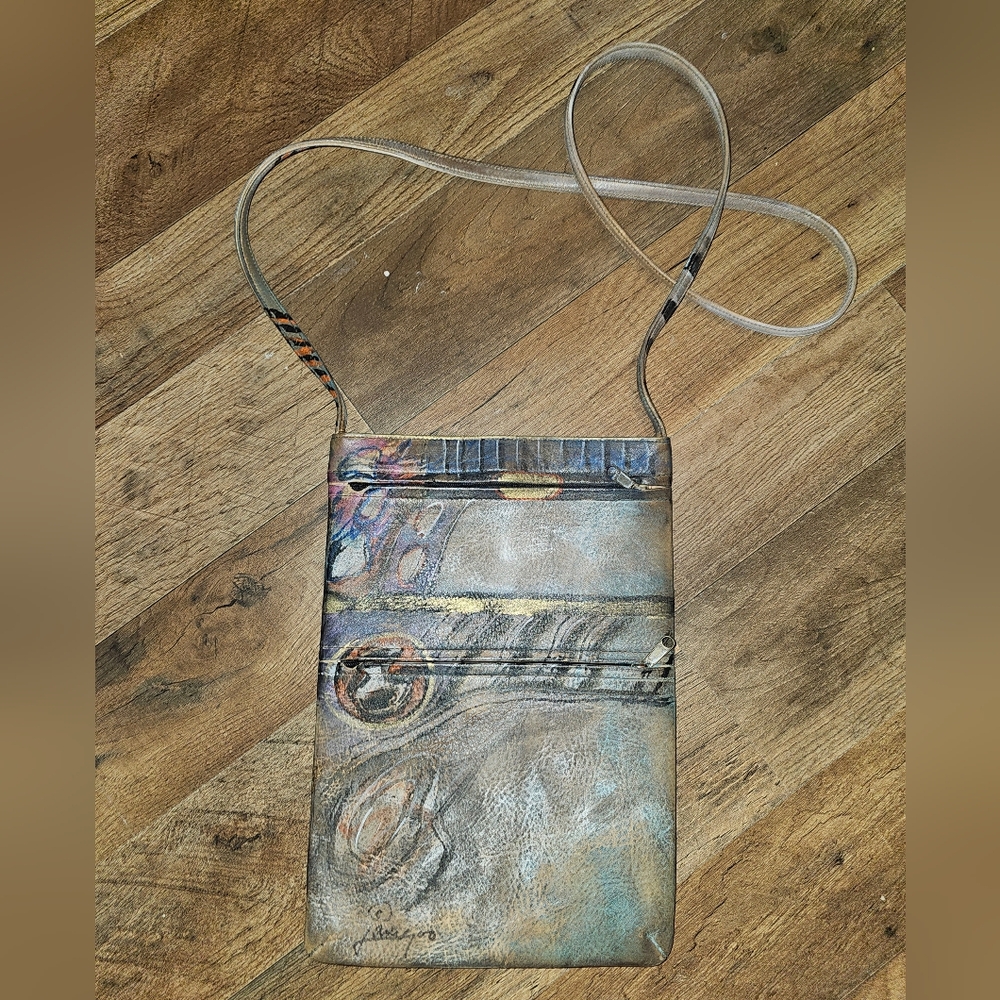 Jane Yoo Painter Wearable Art Hand-Painted Signed 3 Pocket Leather Crossbody Bag